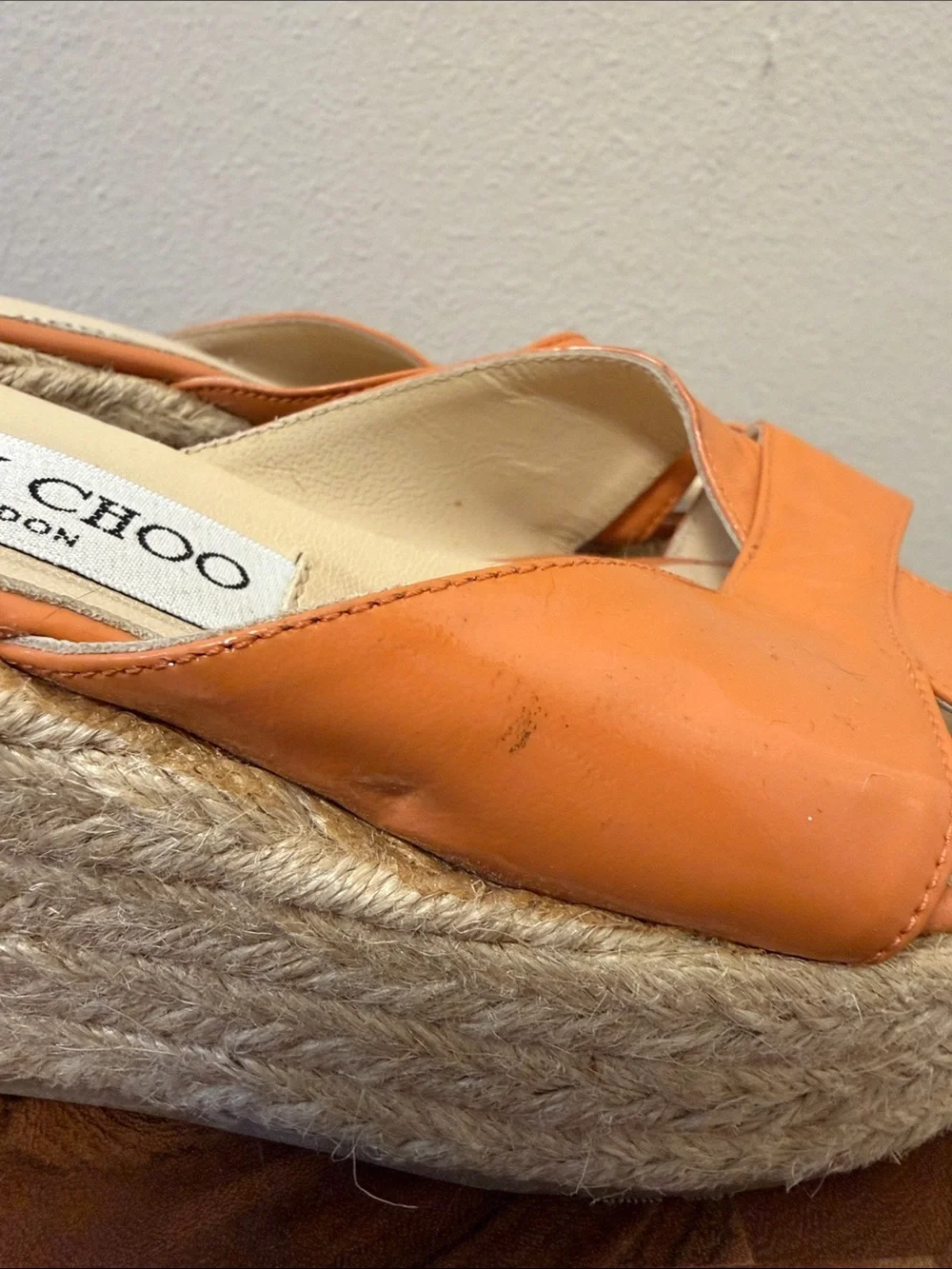 Jimmy Choo Phyllis Wedge Espadrille Orange Patent Leather Sandal Size 37 US 7